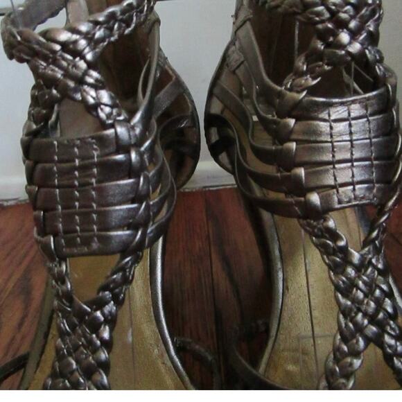 Gold Leather Gladiator Sandals Size 6 Strappy 3.5in Wood Heel Back Zip Moto Boho - Picture 5 of 15